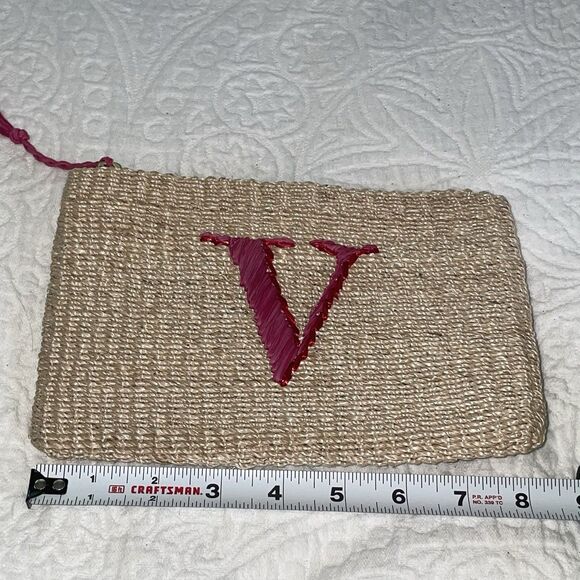 Jack Rogers Woven Clutch Pouch Tan Pink Red‎ V Initial - Picture 7 of 8